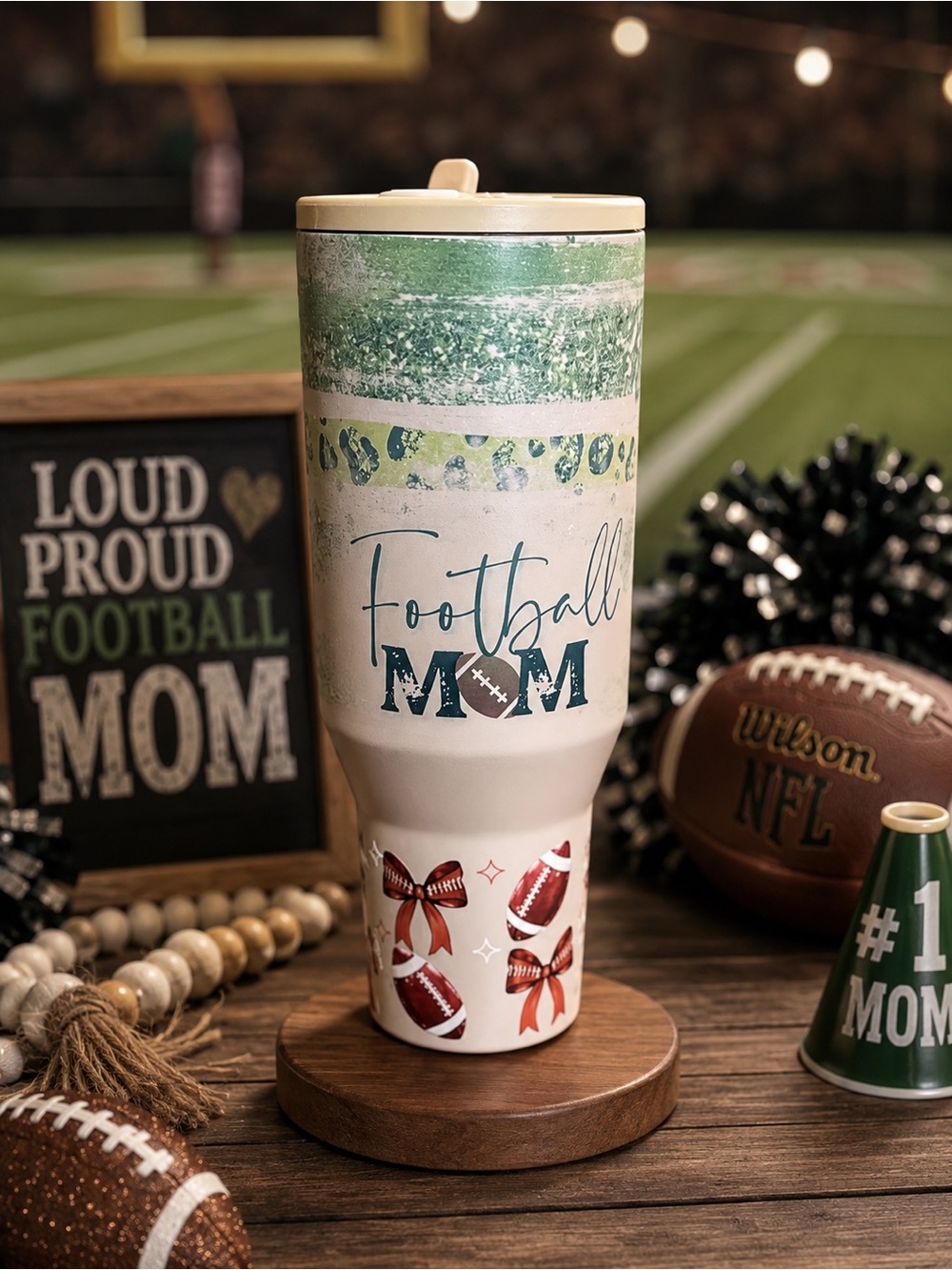 Football Mom Travel Tumbler - Green & Cream